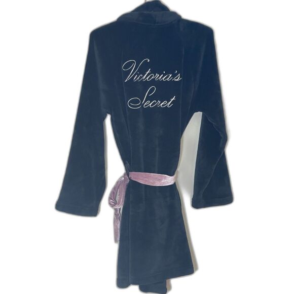 Victoria's Secret Other - Victoria's Secret Black Soft COZY Plush Bath Robe Purple Velvet Belt Embroidery